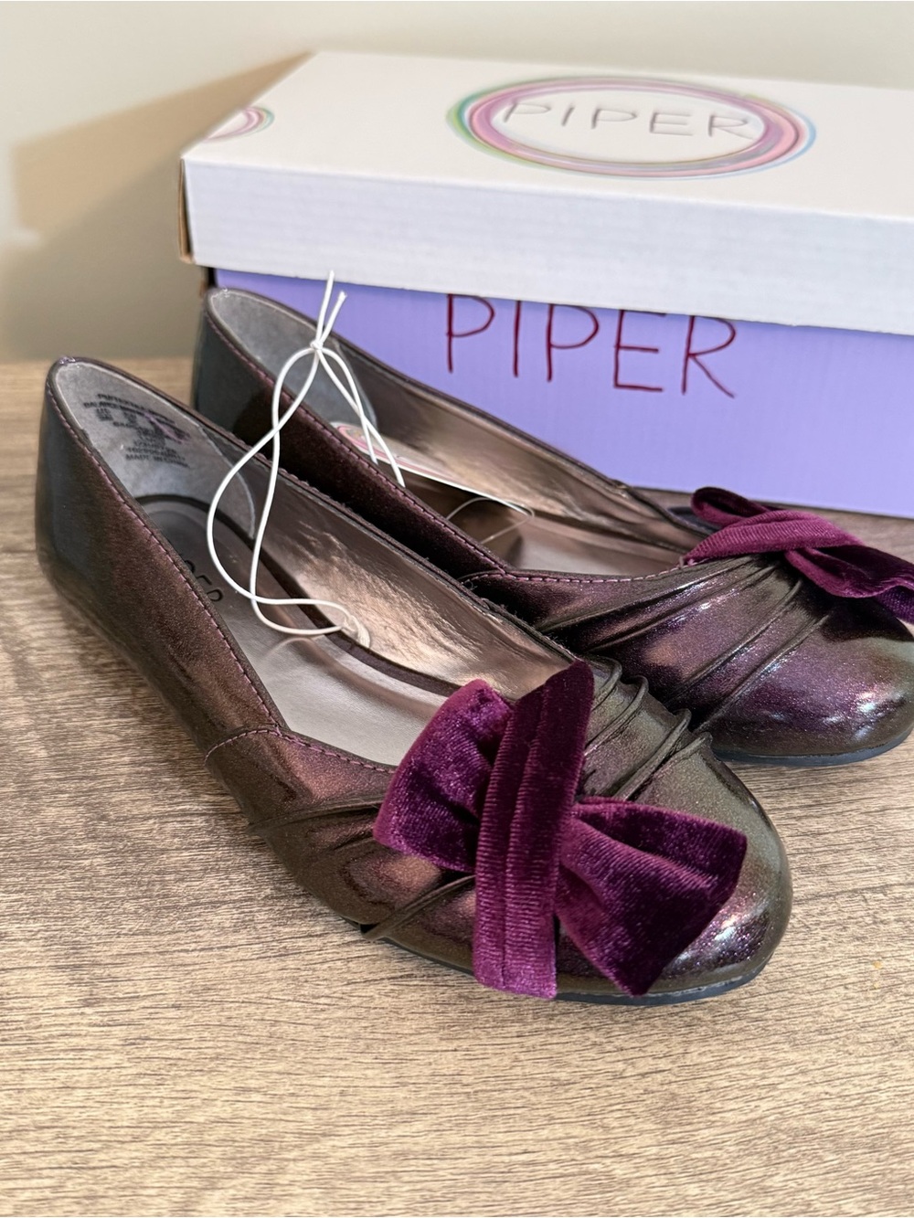 NEW Piper Lucy Purple Velvet Bow Flats Shoes Girls Size 3 Sparkly